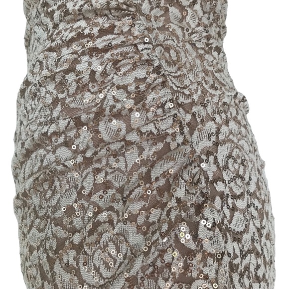 XSCAPE size 4 tan midi dress with gold sparkles and built in bra - Picture 8 of 14